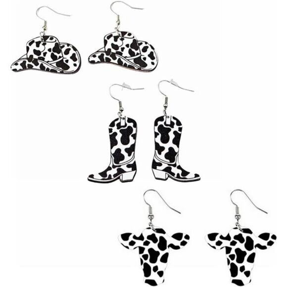 Cow Print Western Earrings – 3-Pack Set with Hats, Boots & Cows- Dangle Earrings - Picture 1 of 5